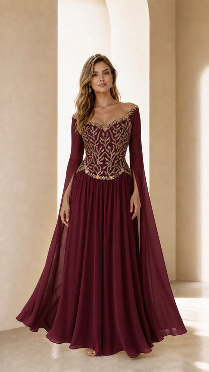Front view of burgundy embellished evening gown