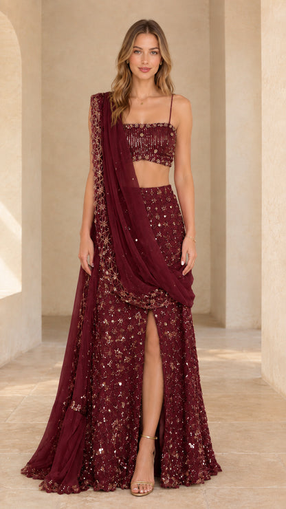 Burgundy wine sequined 3-piece lehenga evening set
