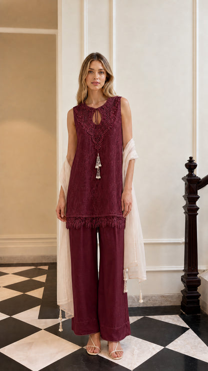 Front view of model in burgundy color variant
