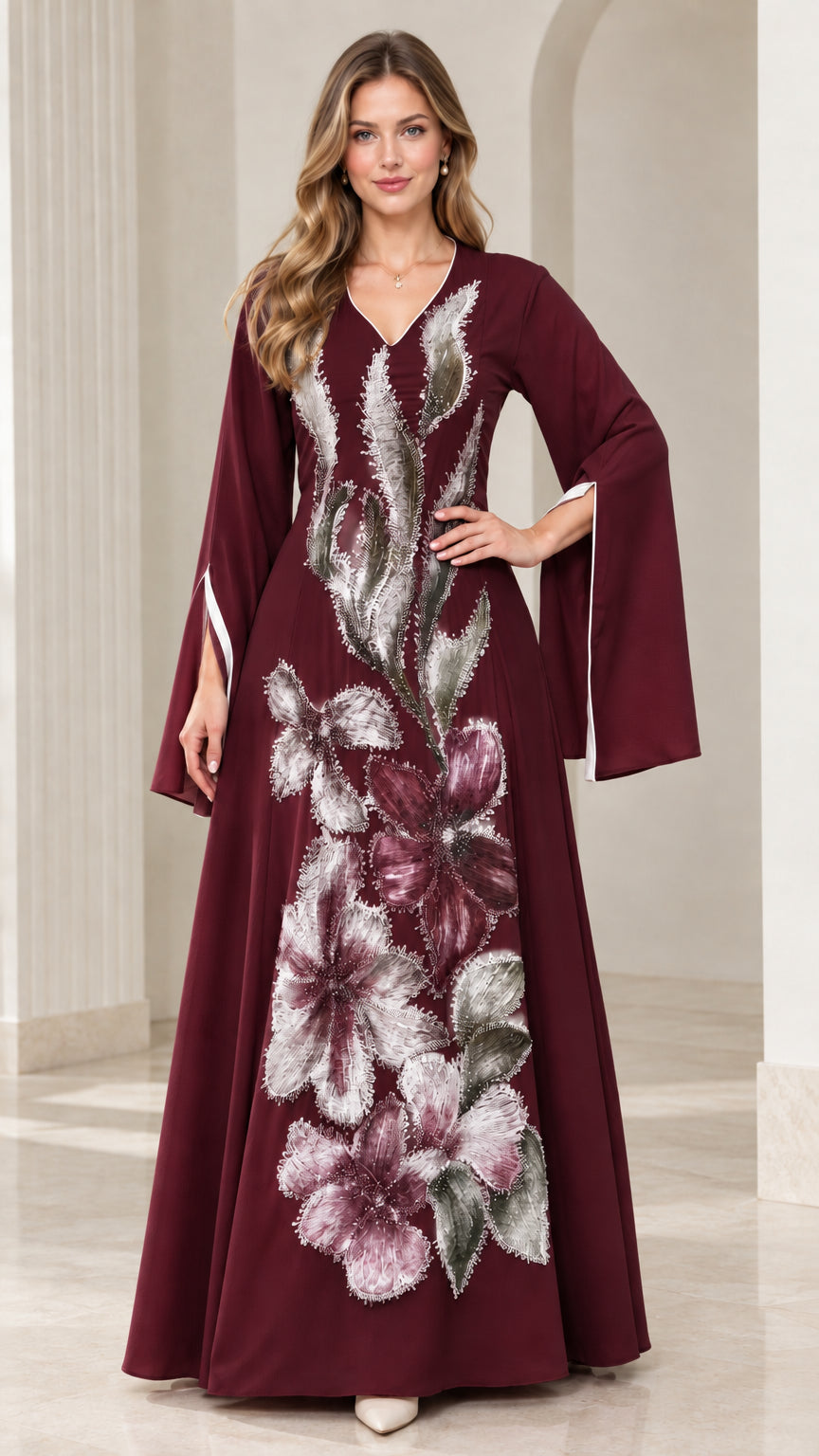 Burgundy wine red embroidered evening maxi gown with flared sleeves