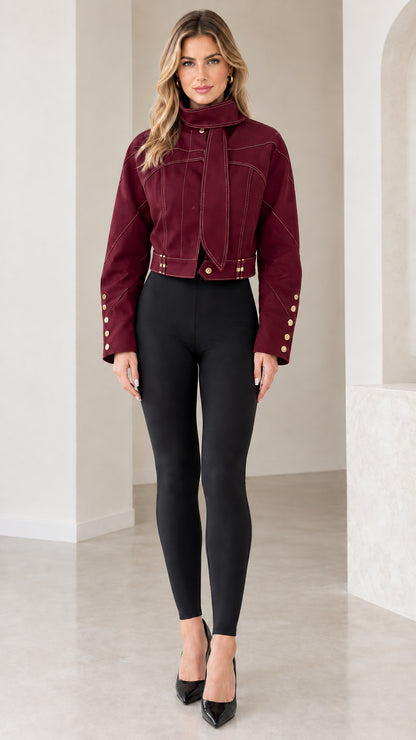 Front full view of Burgundy cropped high-neck jacket with scarf tie accent