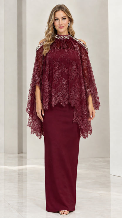 Front view of rich burgundy red beaded high neck lace cape maxi gown