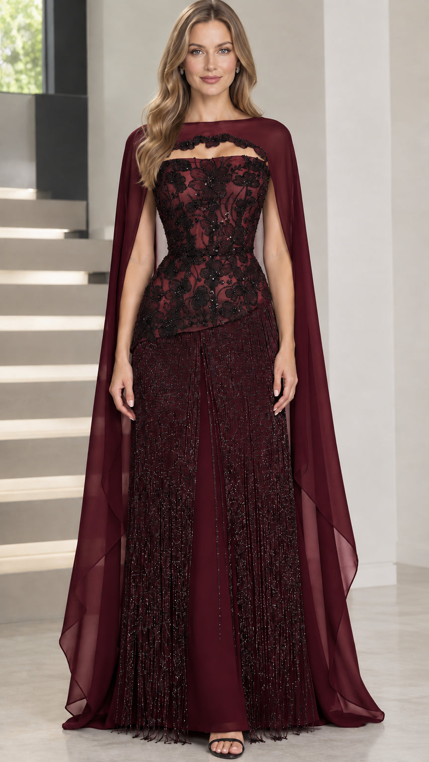 Burgundy wine formal evening dress with lace-up corset and beaded fringe