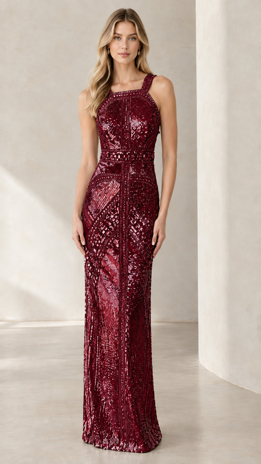 Front full view of woman wearing burgundy wine red geometric sequin column formal gown