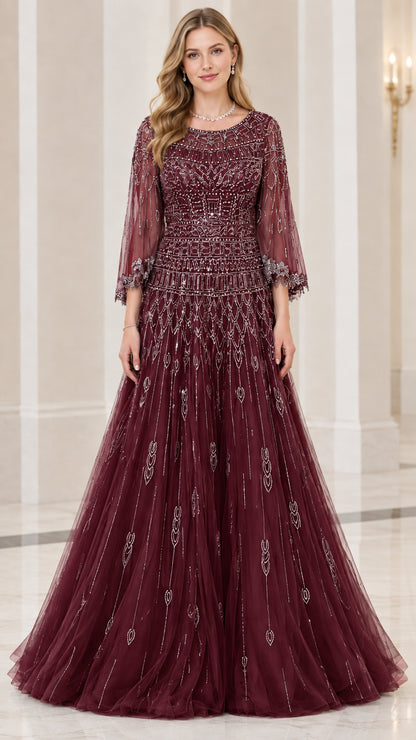 Front view of deep burgundy wine beaded A-line formal gown
