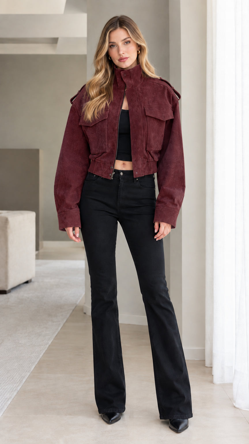 Model wearing Burgundy cropped utility jacket with front cargo flap pockets