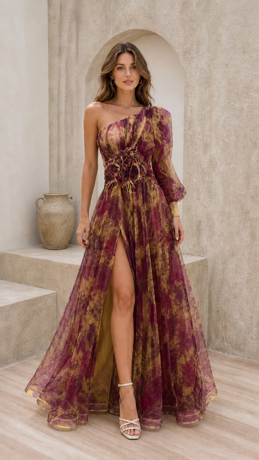 Front view of burgundy multi evening gown with rich floral tones