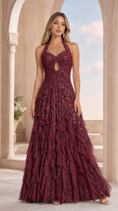 Burgundy color variant of halter ruffled evening dress
