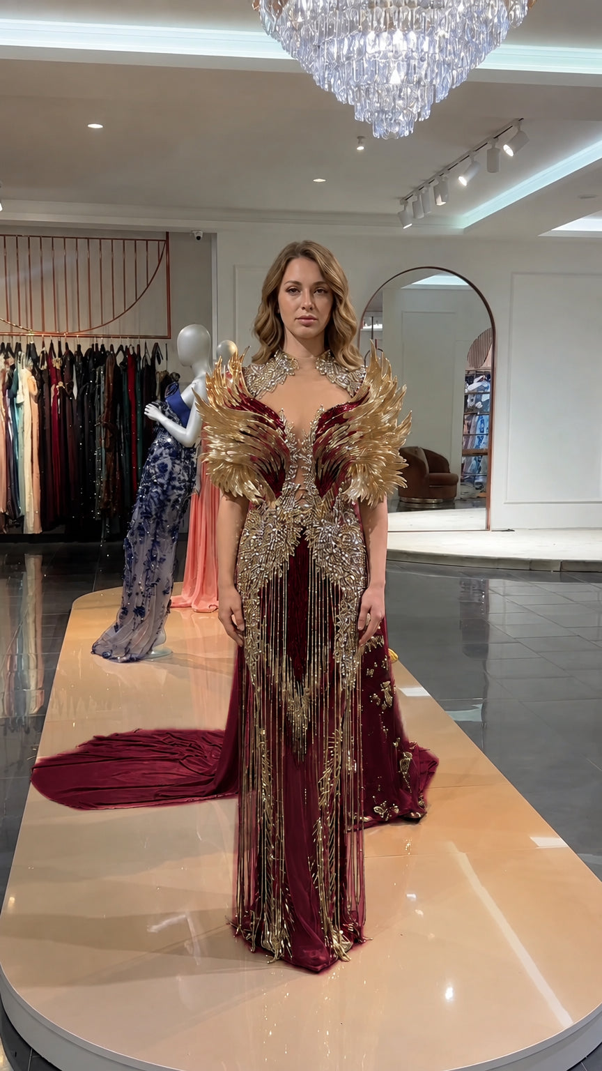 Front view of burgundy and gold beaded formal dress with feather detailing