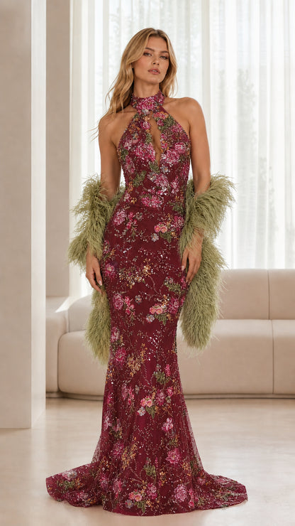 Burgundy wine sequin embroidered halter neck evening dress