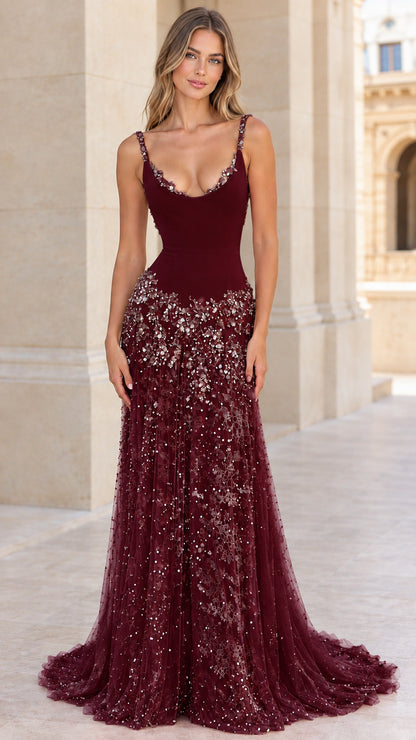 Burgundy wine red scoop neck sequin evening gown