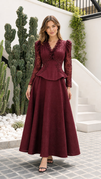 Burgundy wine red lace sleeve peplum maxi evening gown full view