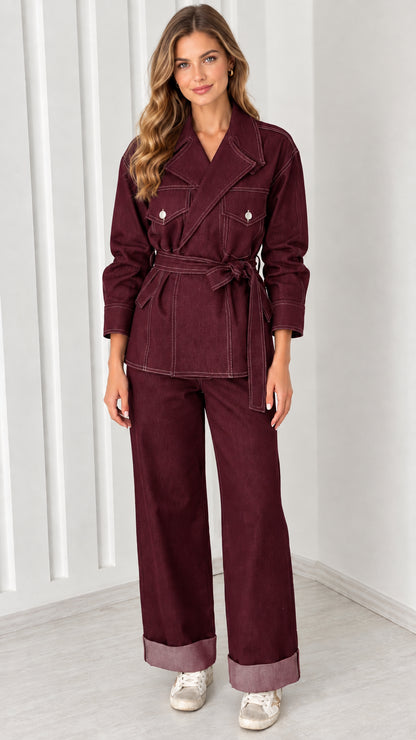 Full-body view of model wearing Burgundy belted utility jacket and cuffed trousers set