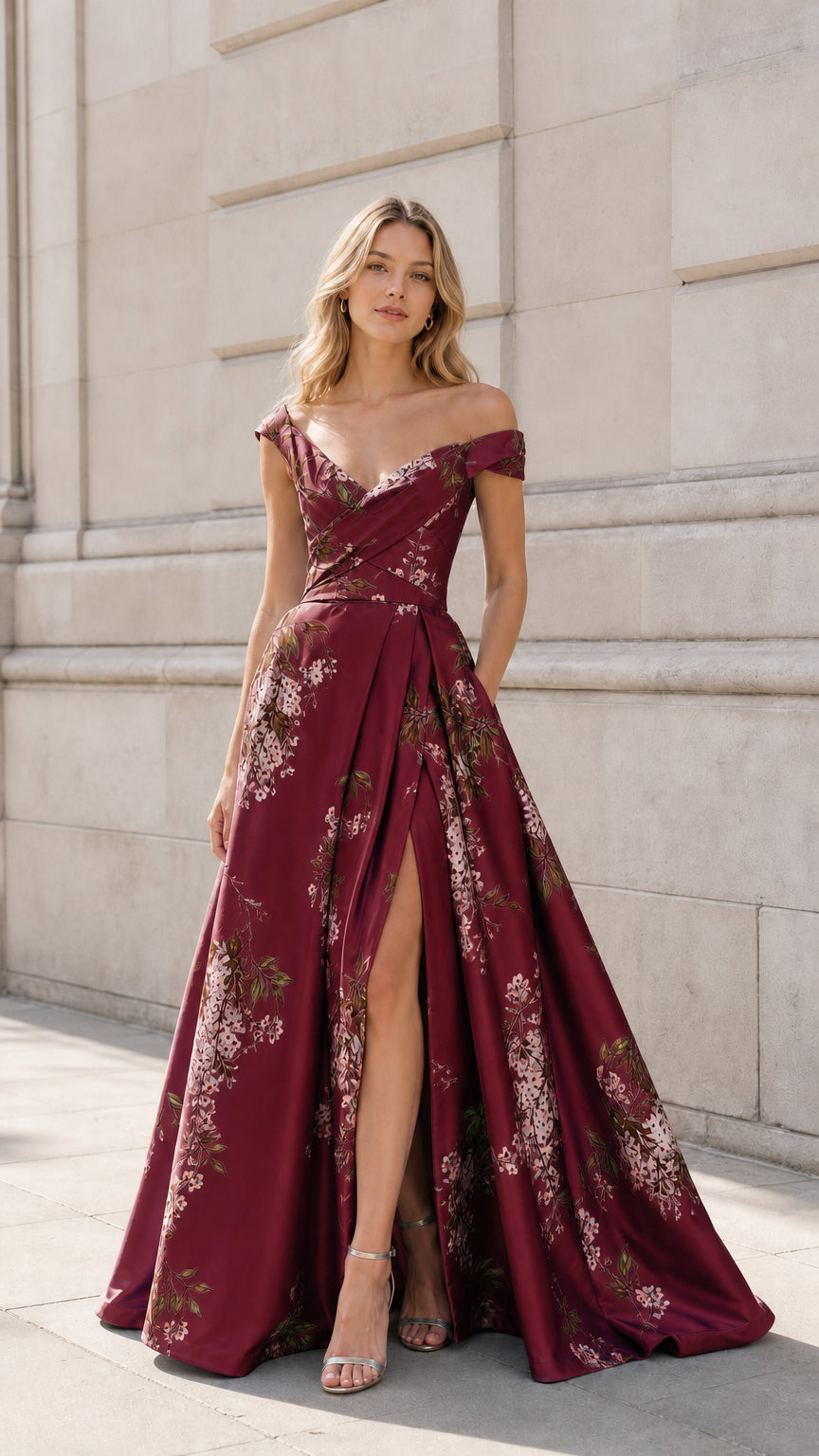 Front view of Burgundy off-shoulder floral satin evening gown