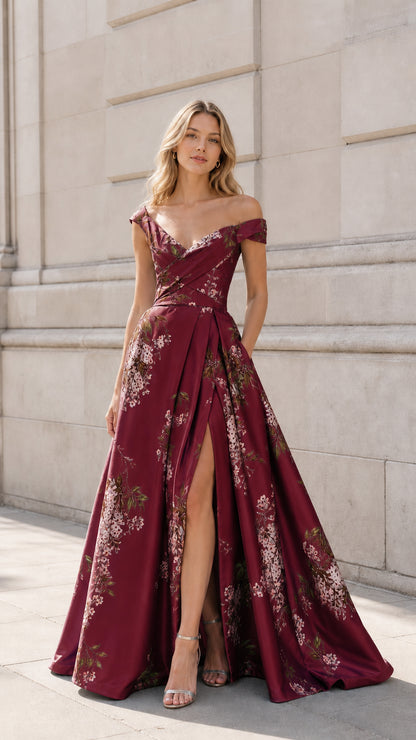 Front view of Burgundy off-shoulder floral satin evening gown