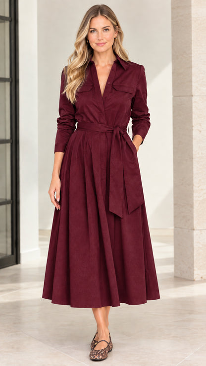 Model wearing rich burgundy wine belted midi shirt dress with collar