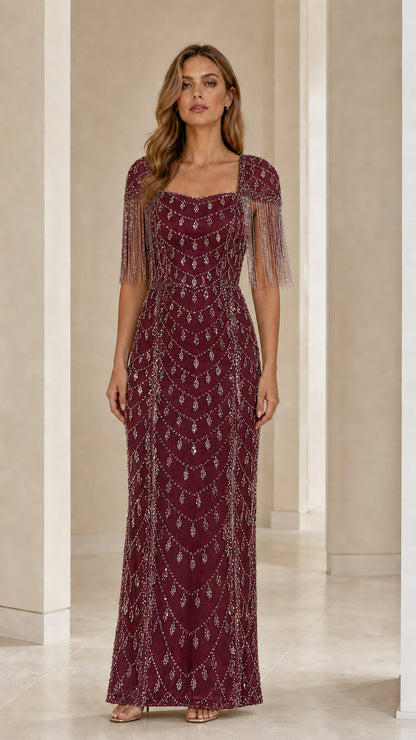 Burgundy wine sequin embroidered maxi gown with fringe sleeves