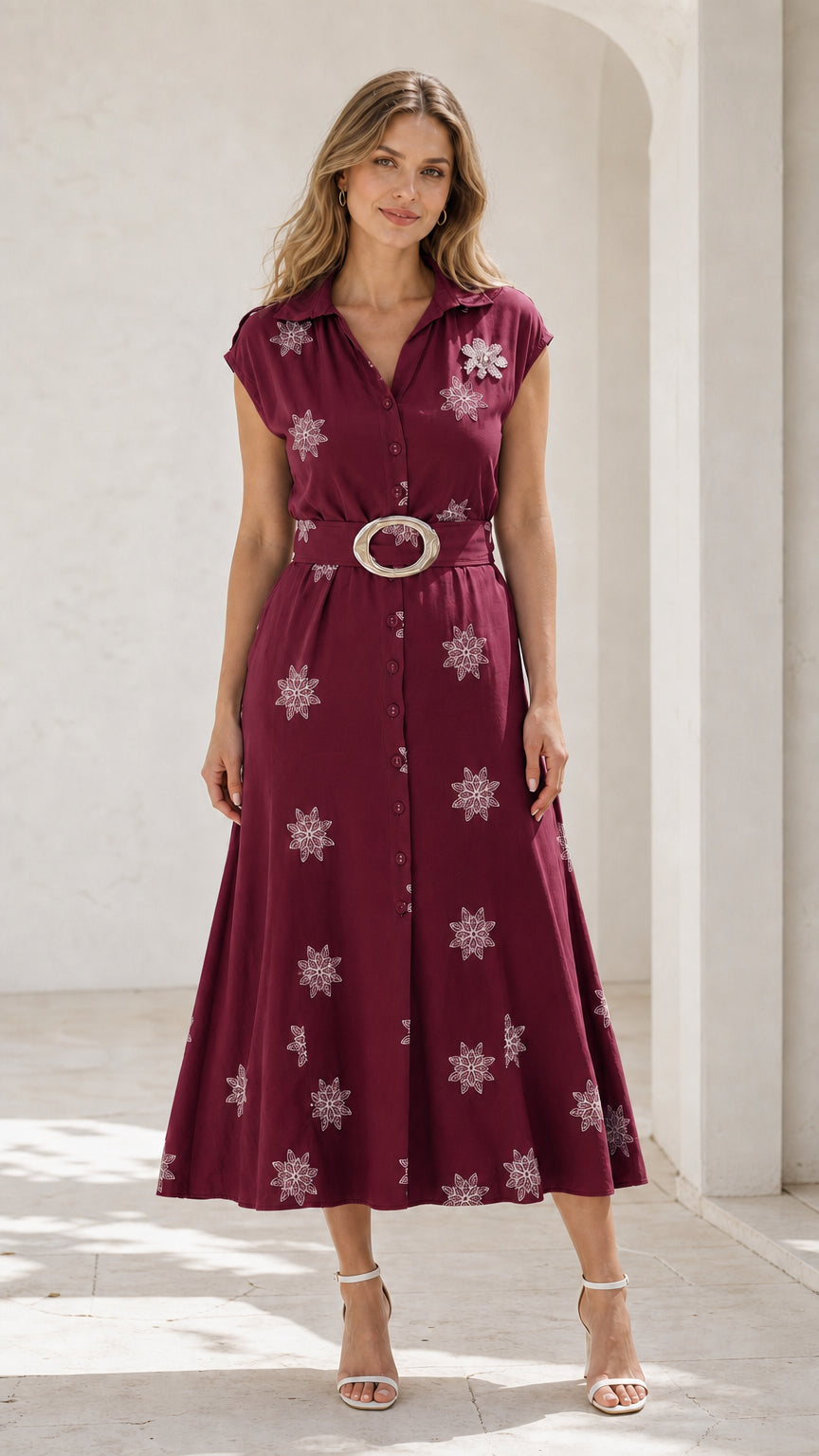Front view of burgundy embroidered belted midi shirt dress