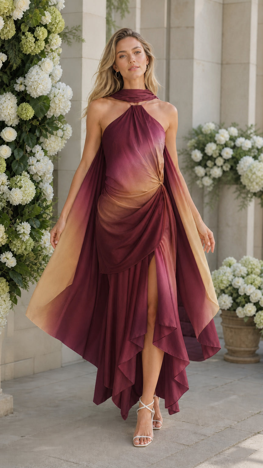 Front view of model wearing burgundy ombre maxi dress