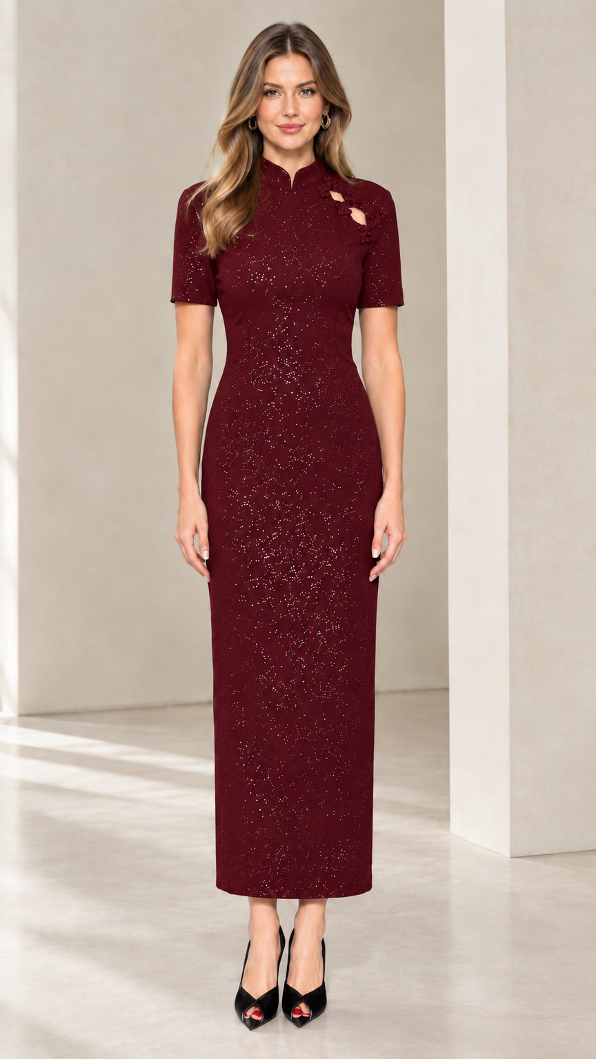 Burgundy sparkle short sleeve mandarin collar maxi evening dress