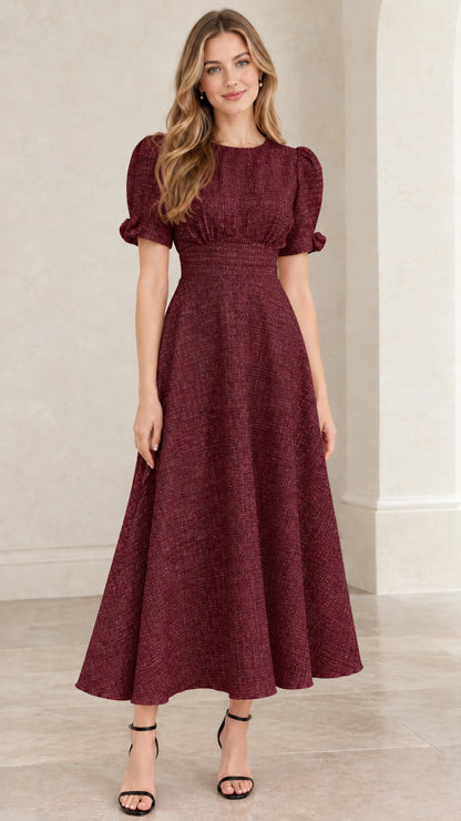 Model wearing burgundy wine textured tweed puff sleeve midi dress