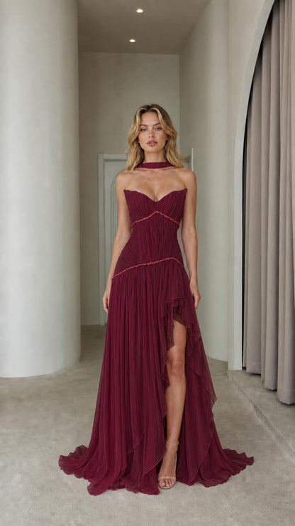 Burgundy elegant evening gown with high slit