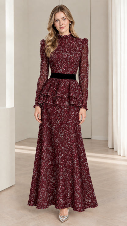 Model wearing burgundy floral tiered peplum formal maxi dress