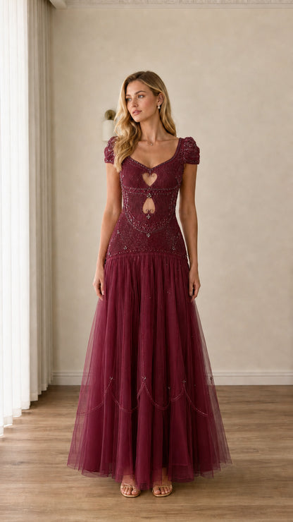 Full-length view of burgundy wine beaded cap-sleeve cutout tulle evening gown