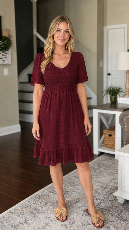 Front view of Burgundy Swiss dot smocked dress