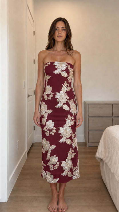 Front view of burgundy strapless floral applique midi dress