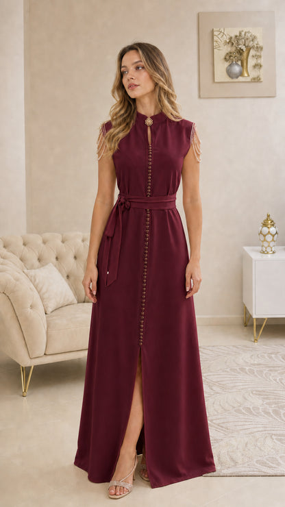 Front view of burgundy wine sleeveless beaded shoulder maxi dress