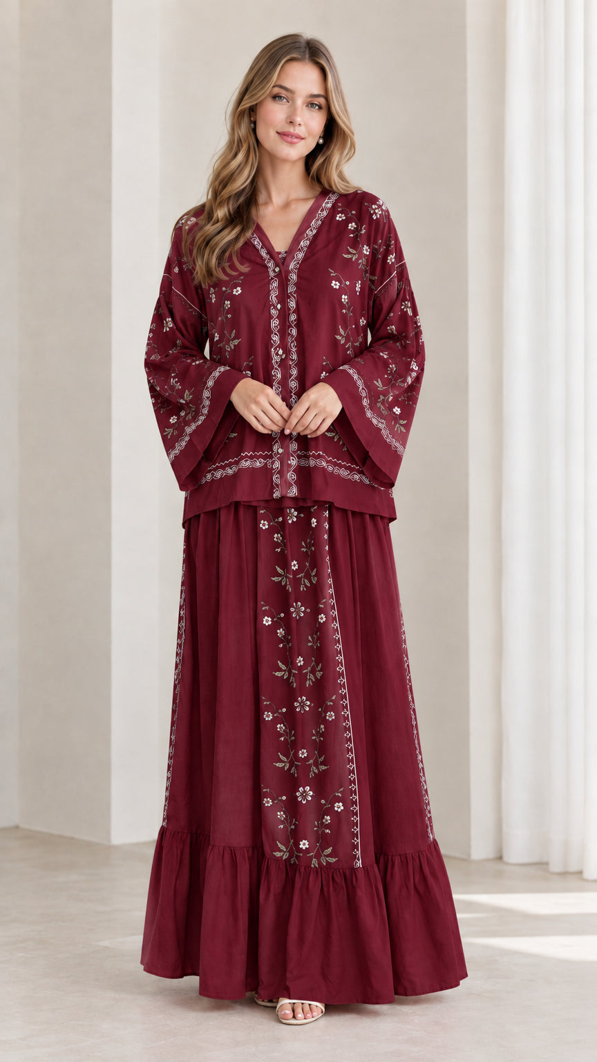 Model wearing burgundy red floral embroidered two-piece maxi skirt set