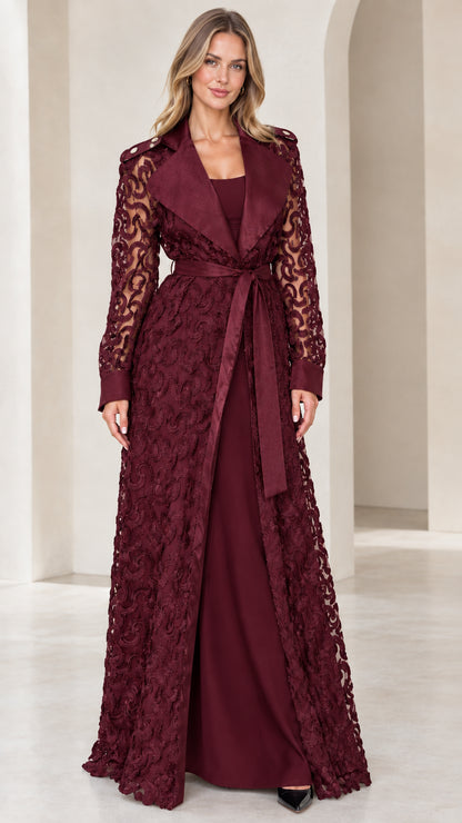Model wearing burgundy wine floral lace maxi evening trench coat