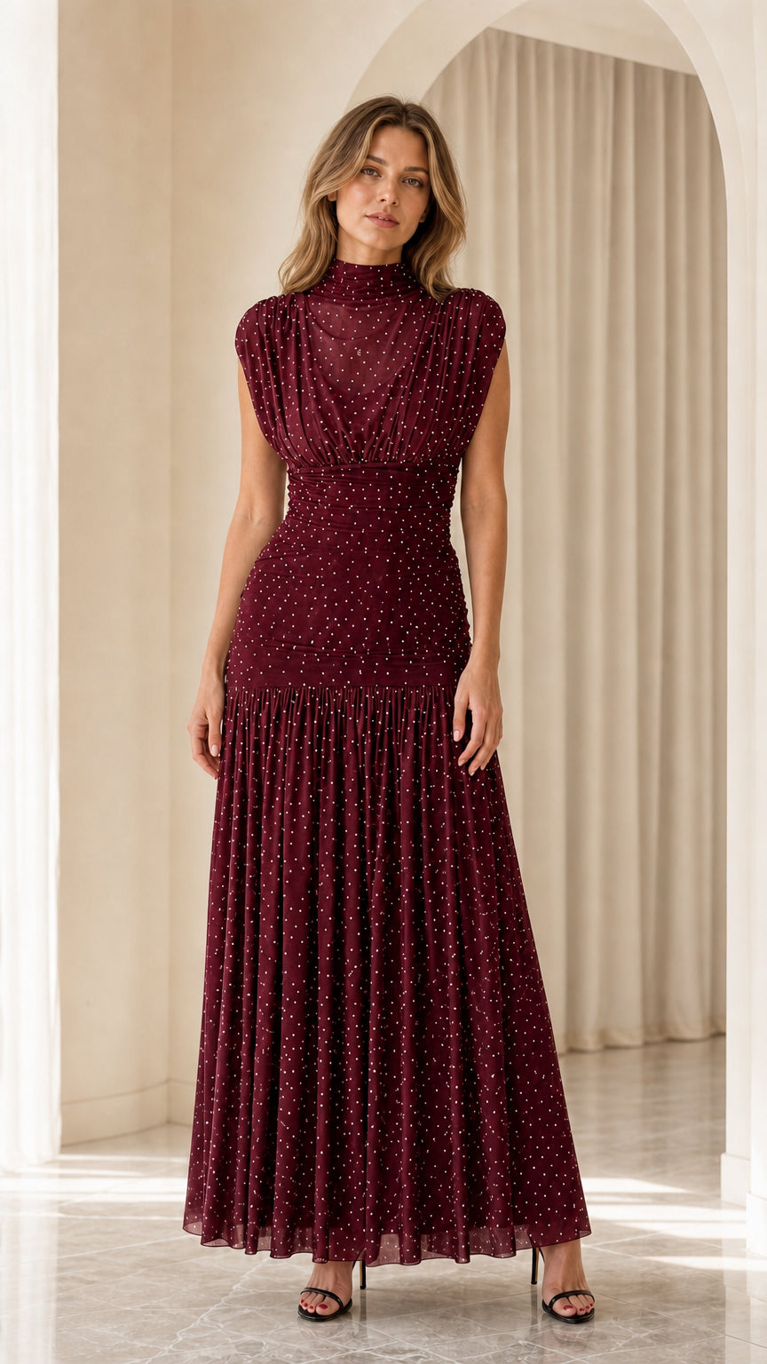 Burgundy wine high neck sleeveless pleated dot mesh maxi dress