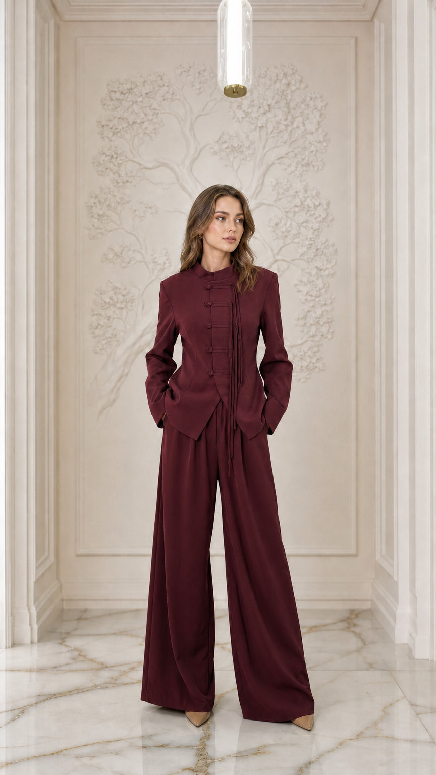 Full-length view of woman wearing Burgundy wine red mandarin collar pant suit set