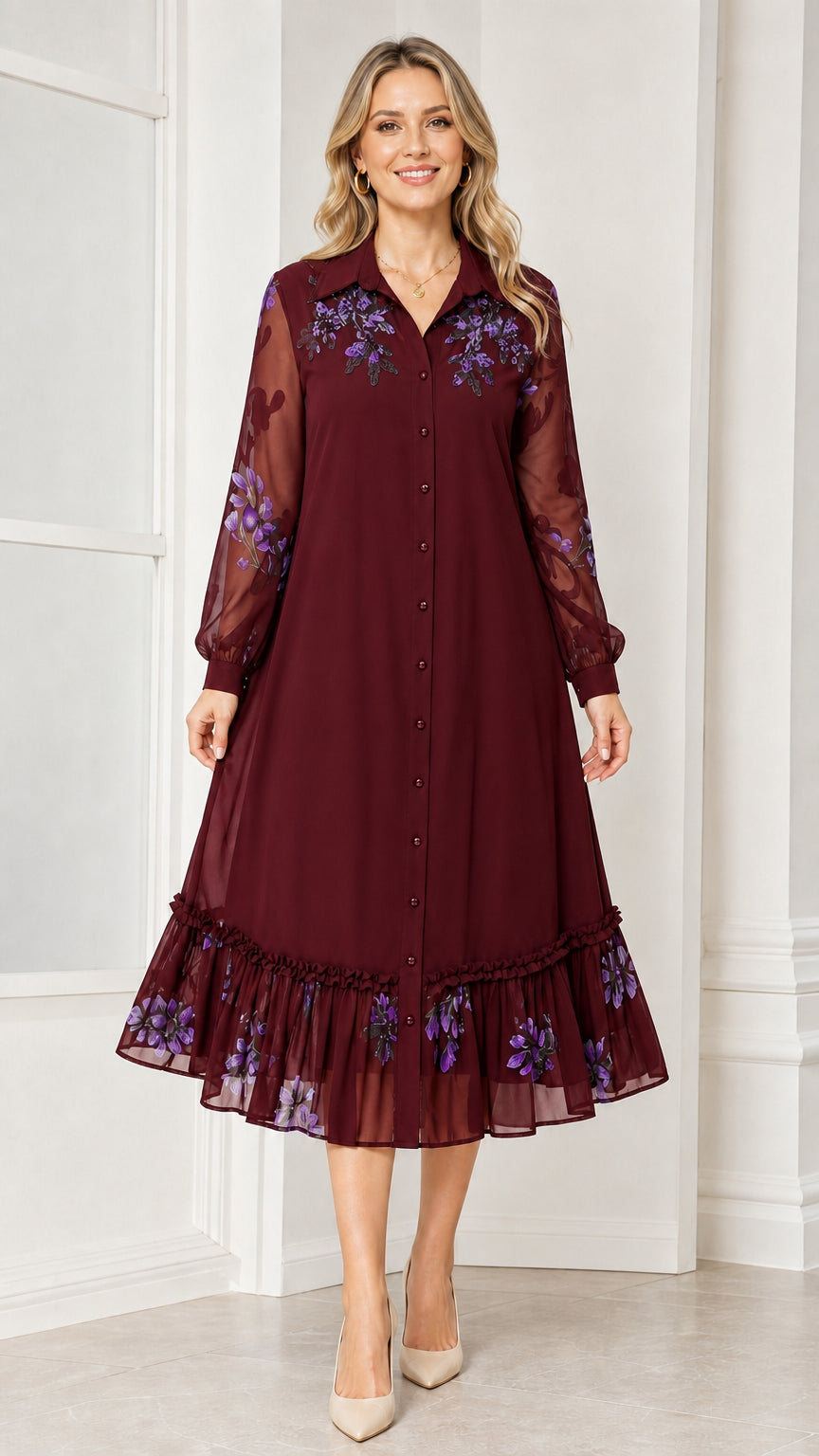 Front view of woman wearing burgundy floral embroidered midi dress
