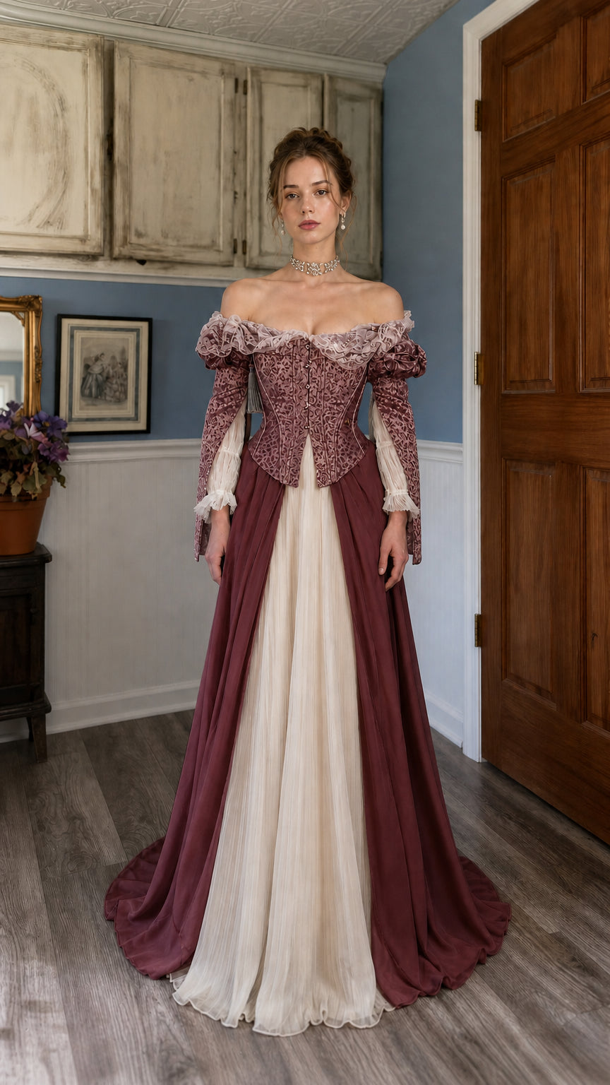 Front view of burgundy Renaissance off-shoulder corset maxi dress