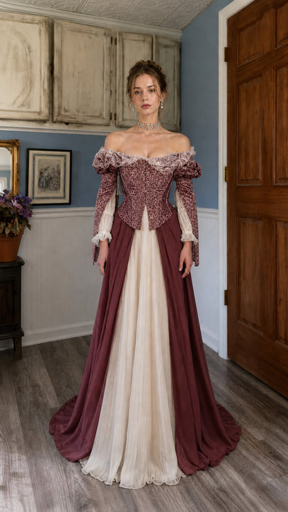 Front view of burgundy Renaissance off-shoulder corset maxi dress