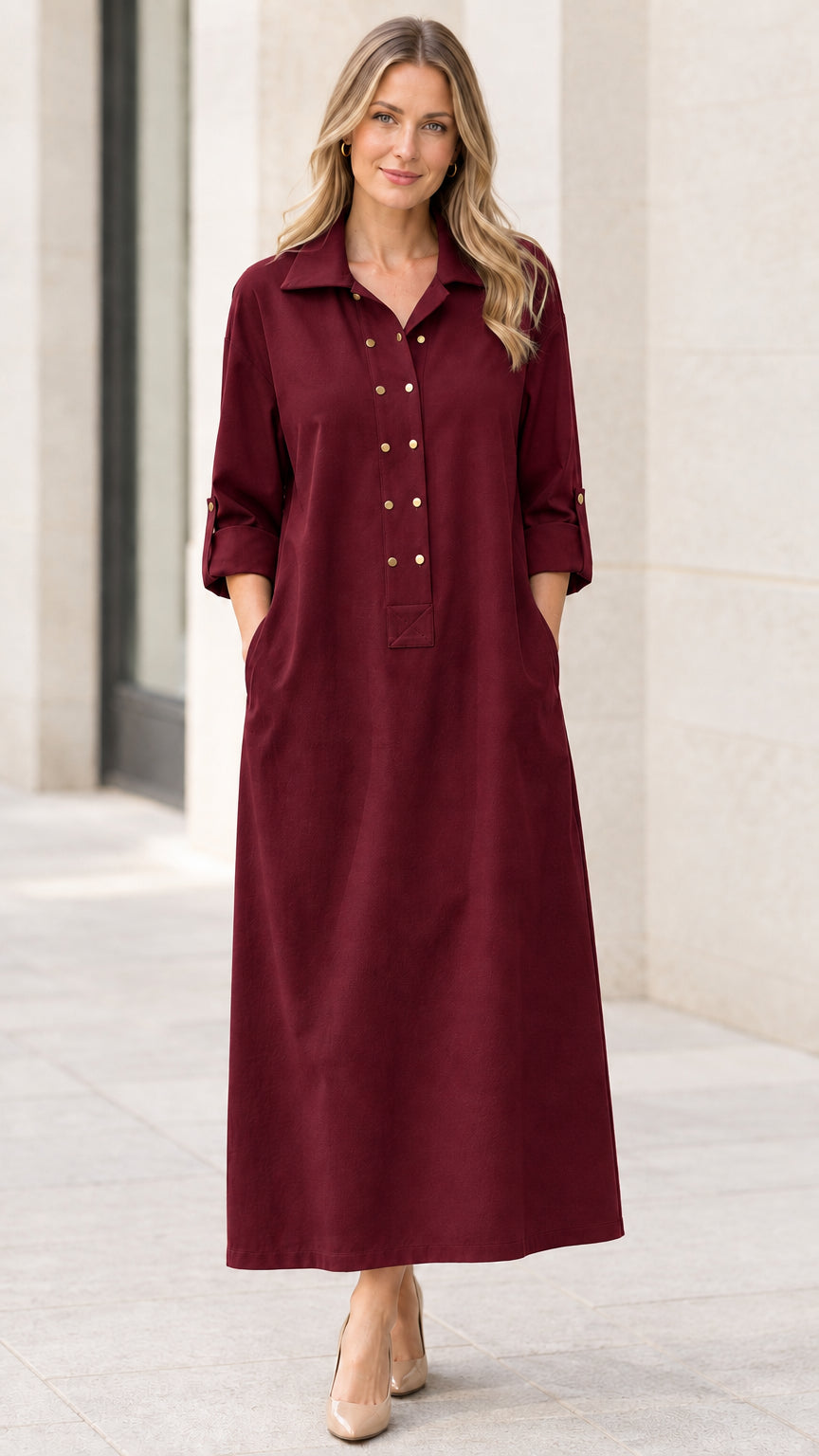 Full front view of women's burgundy collared button-front maxi shirt dress