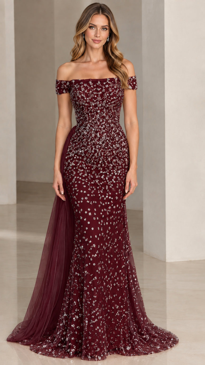Full-length burgundy wine off-the-shoulder sequined evening gown with tulle train
