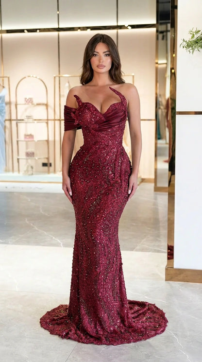 Burgundy wine red embellished corset mermaid evening gown