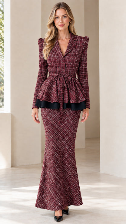 Front view of woman wearing burgundy wine tweed peplum blazer and matching maxi skirt set