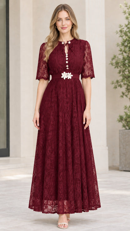 Burgundy wine red floral lace maxi dress with A-line skirt