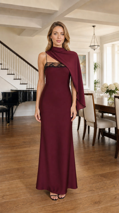 Front view of model wearing Burgundy formal one-shoulder drape maxi dress