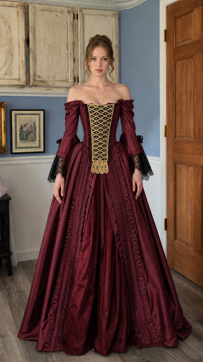Renaissance off-shoulder burgundy ball gown front view