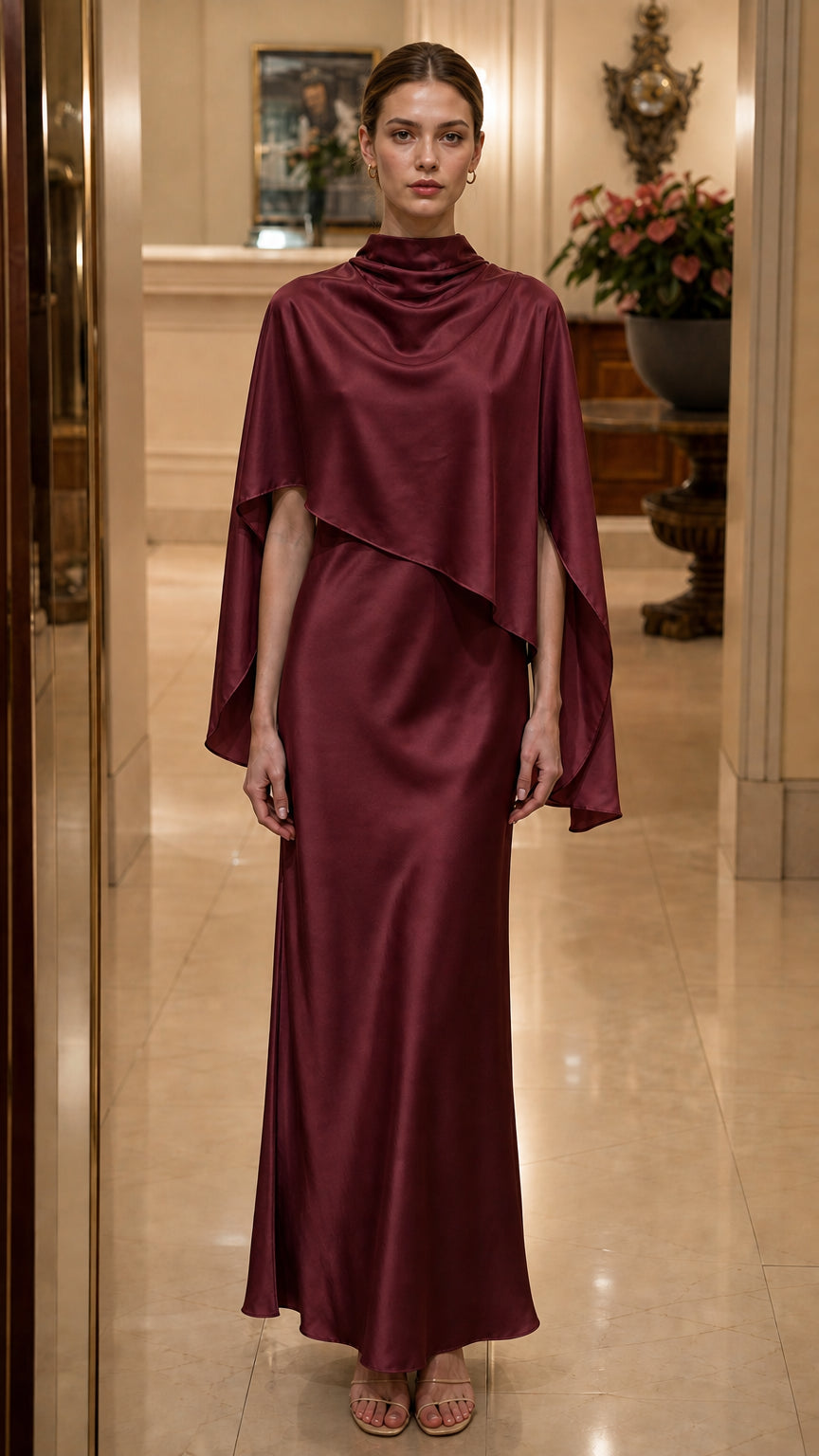Front view of model in burgundy cape maxi dress