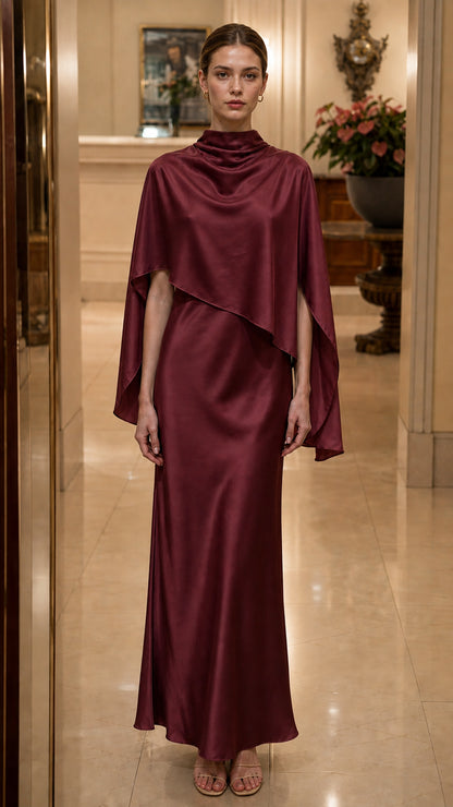 Front view of model in burgundy cape maxi dress