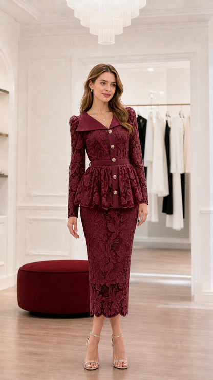 Burgundy long sleeve lace peplum midi dress