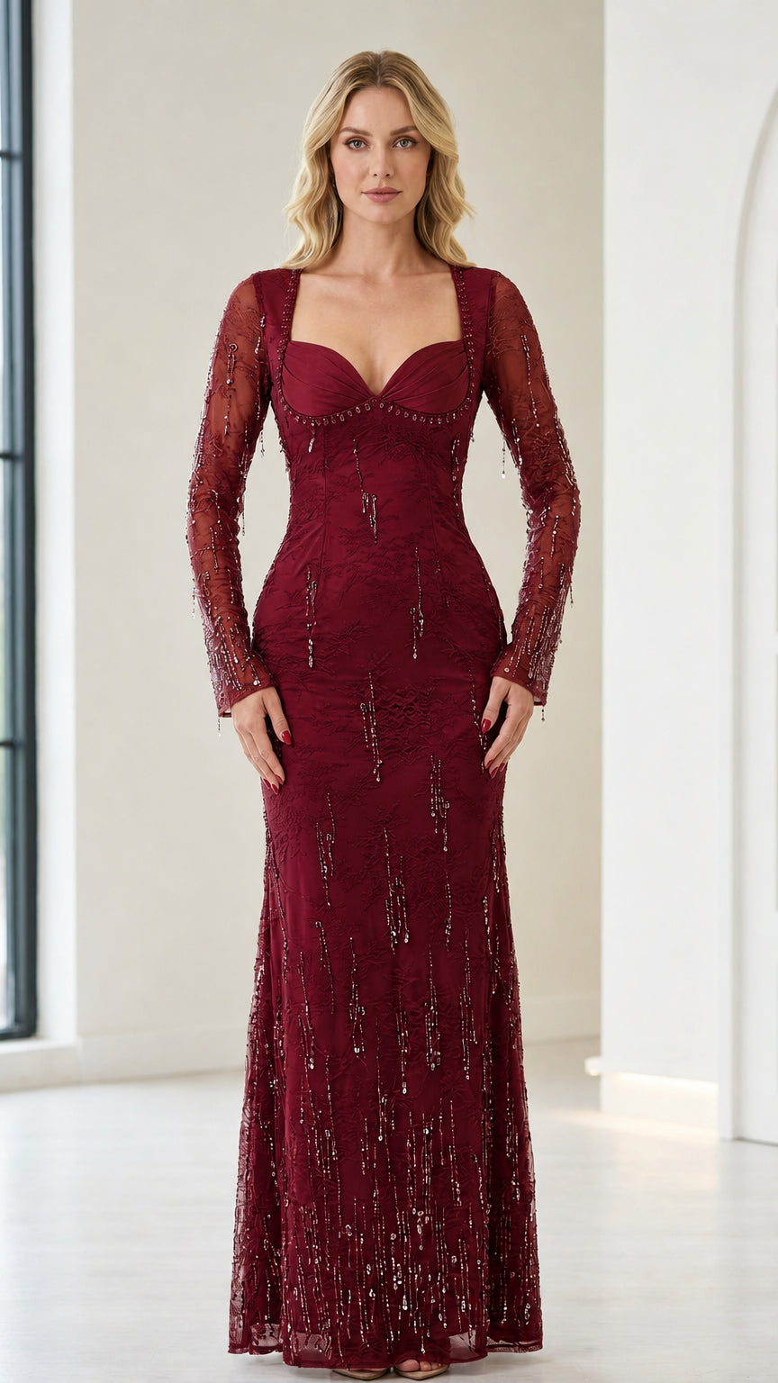 Front view of burgundy evening dress