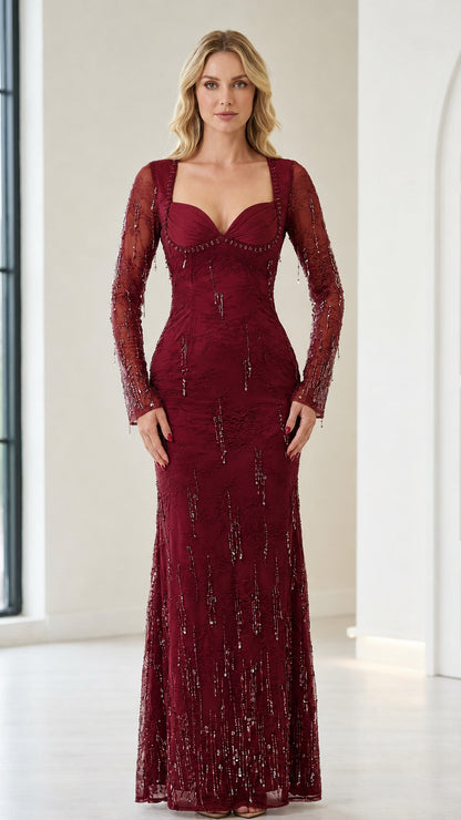 Front view of burgundy evening dress